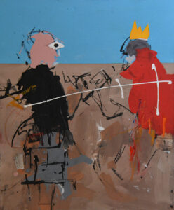 TOM: Sartre and de Beauvoir debate in the desert, 60 x 50 cm, Acryl auf Papier/Holz